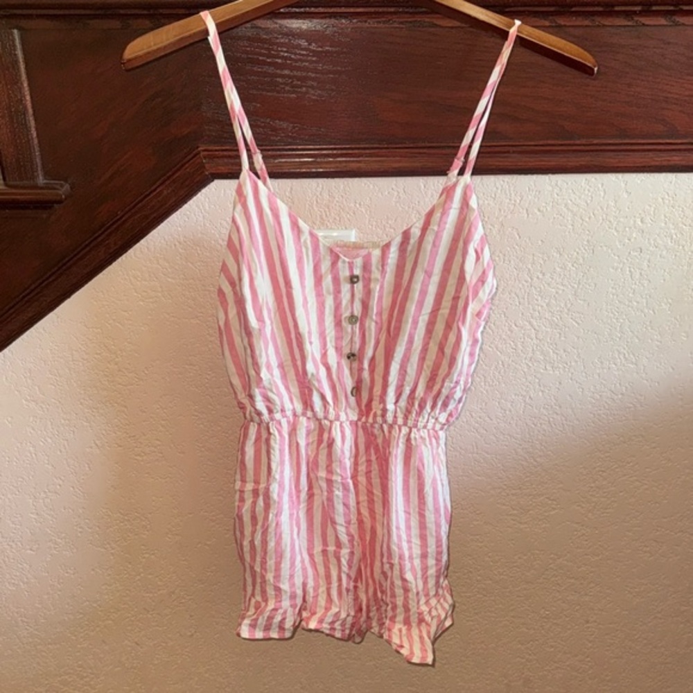 Pink Lily Boutique Pink & White Striped Sleeveless Button Ruffle Romper Outfit